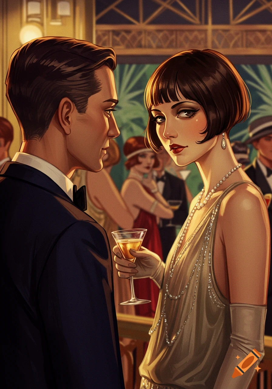 A man and woman at a 1920s party. The woman looks back at the man while holding a drink.