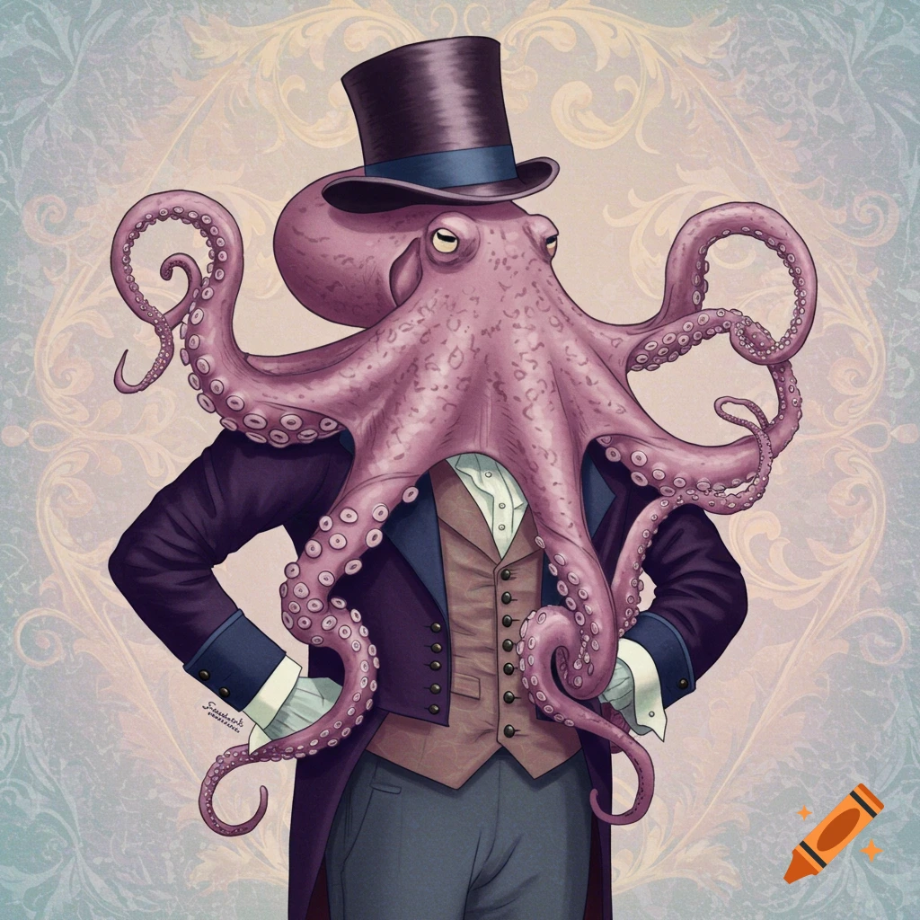 A purple octopus wearing a brown vest, dark purple suit jacket, and top hat, in a rococo style.