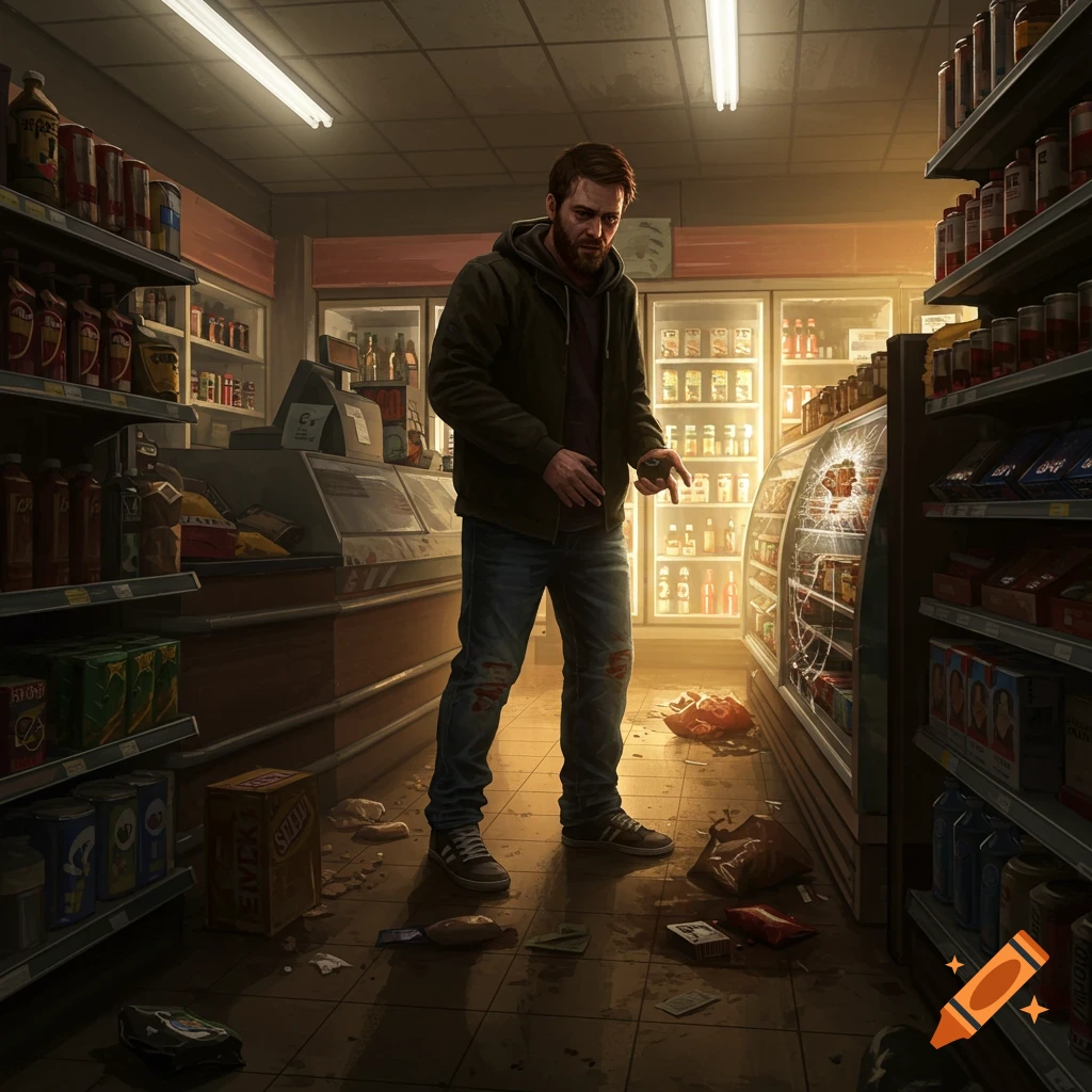 A man stands in a ransacked convenience store with broken glass and items on the floor.