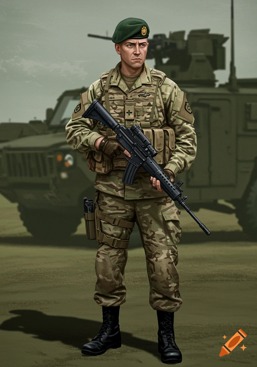 Digital illustration of a soldier in camouflage uniform and green beret holding a rifle, standing in front of a military vehicle.