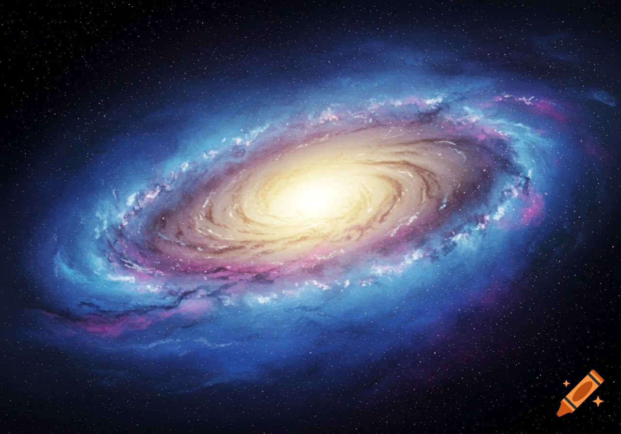 A swirling spiral galaxy with a bright golden core and arms of blue and pink gas and stars against a dark cosmic background