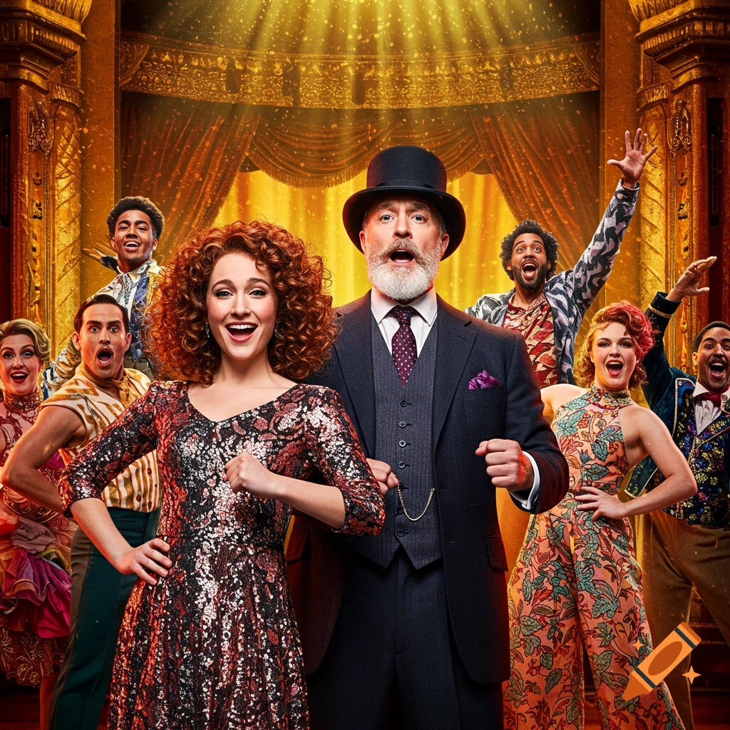 Group of diverse performers on stage in theatrical costumes, smiling and posing energetically with gold curtains and lights.