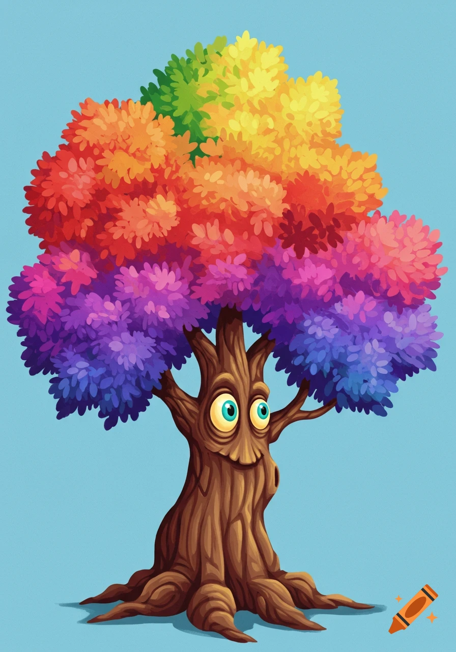 A cartoon tree with rainbow-colored foliage and a face on its trunk.