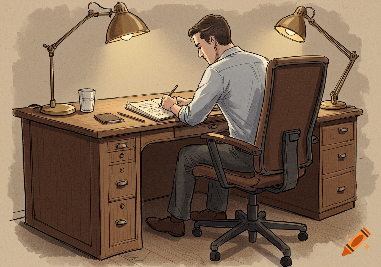 Illustration of a man writing at a desk under desk lamps in pencil style.
