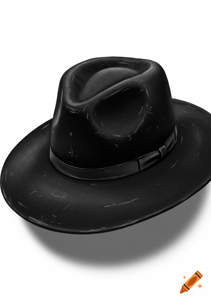 A black hat casting a shadow on a white background.