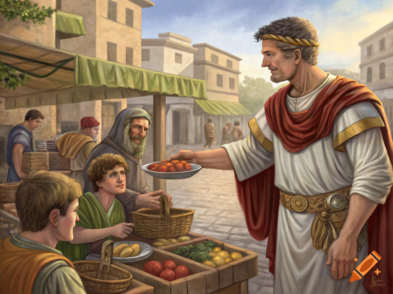 A digital painting of a figure resembling Emperor Trajan interacting with people at an ancient market.