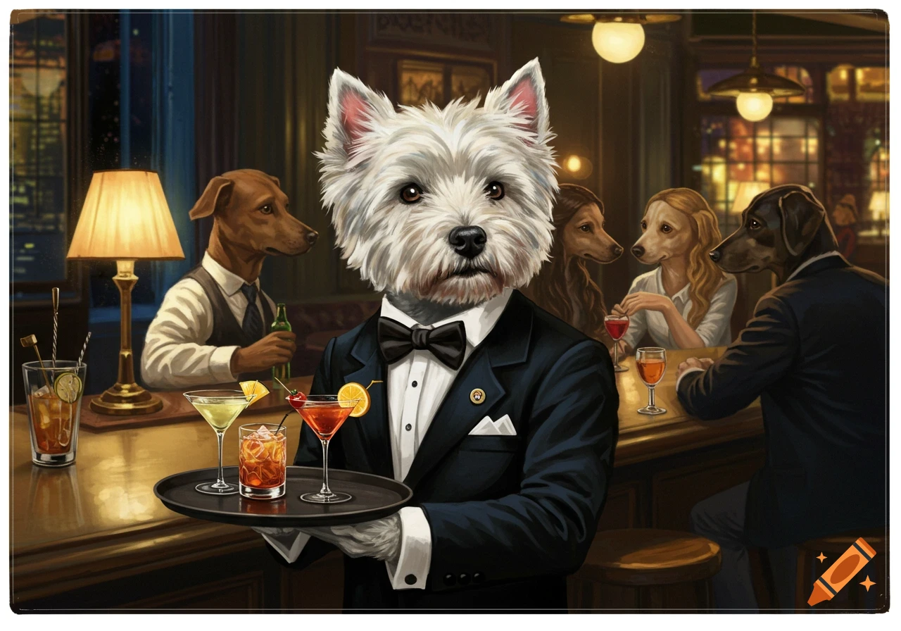 A West Highland Terrier in a tuxedo holds a tray of drinks in a bar filled with other anthropomorphic dogs.