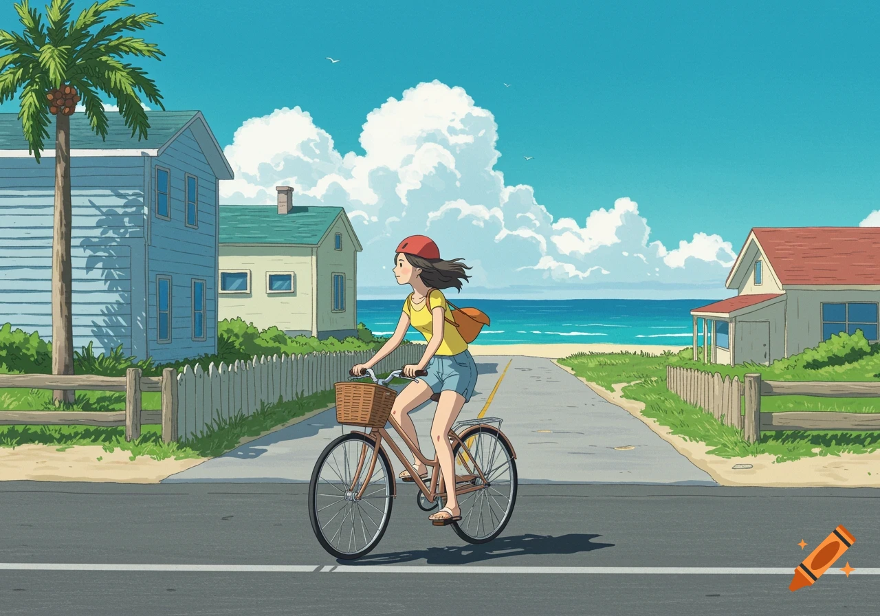 Cartoon girl rides bike on road through coastal beach town.