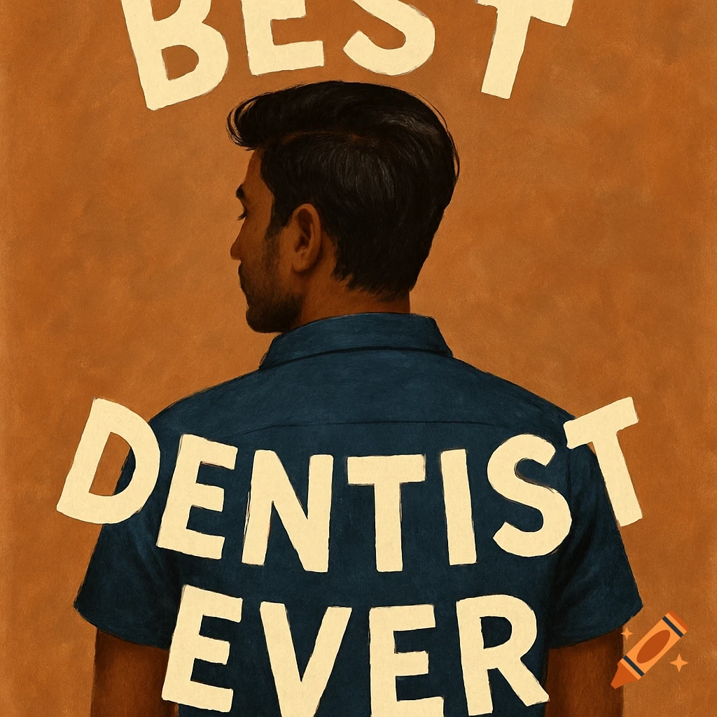 Illustration of a man seen from behind, wearing a shirt with 'BEST DENTIST EVER' text around him.