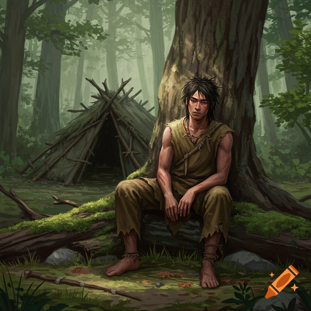 A young man sits by a tree in a forest next to a makeshift shelter, looking like a survivor.