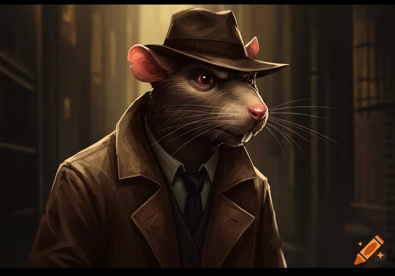 A rat wearing a trench coat and fedora looks like a detective in a shadowy, atmospheric setting.