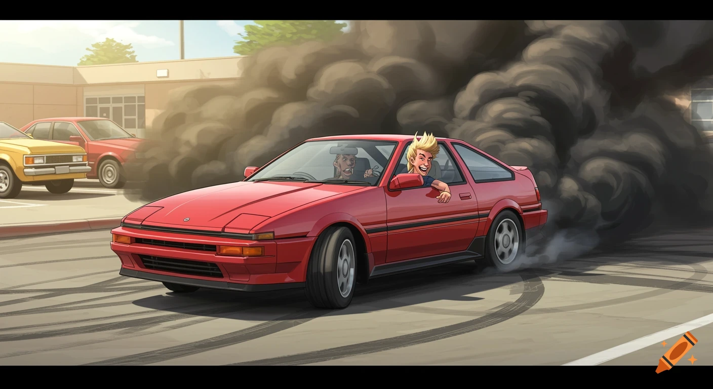 Stylized illustration of a red car doing a burnout, with two people inside.