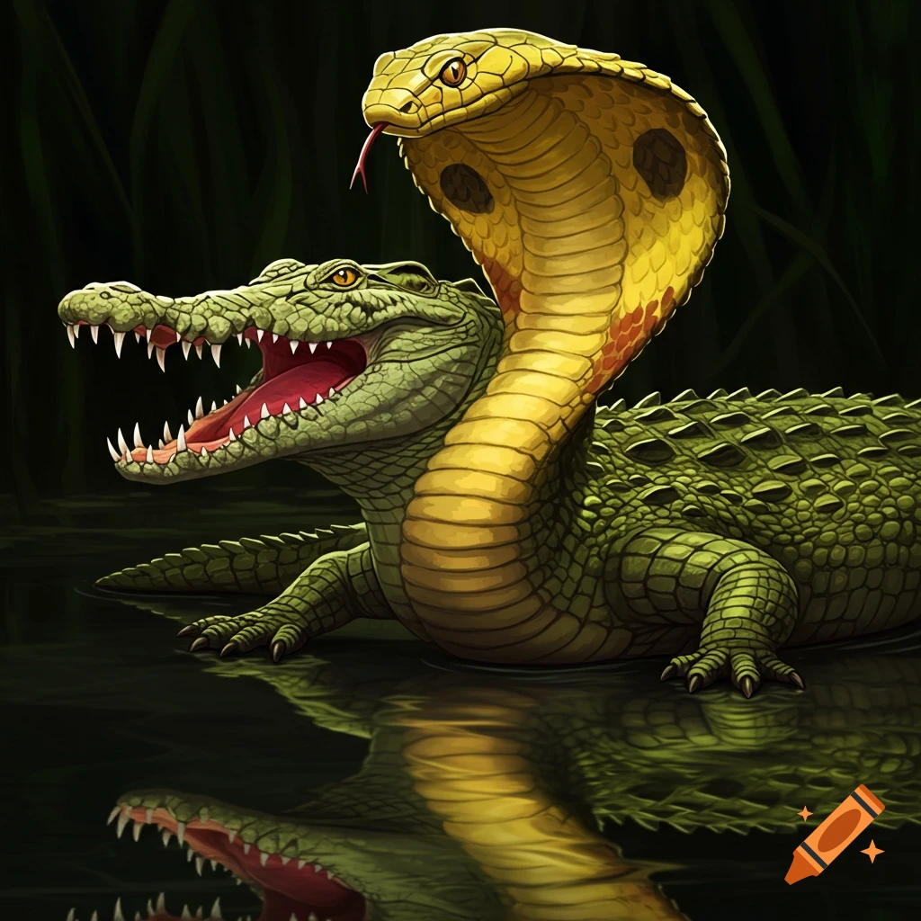 Illustration of a creature that is half crocodile and half cobra rising from the water
