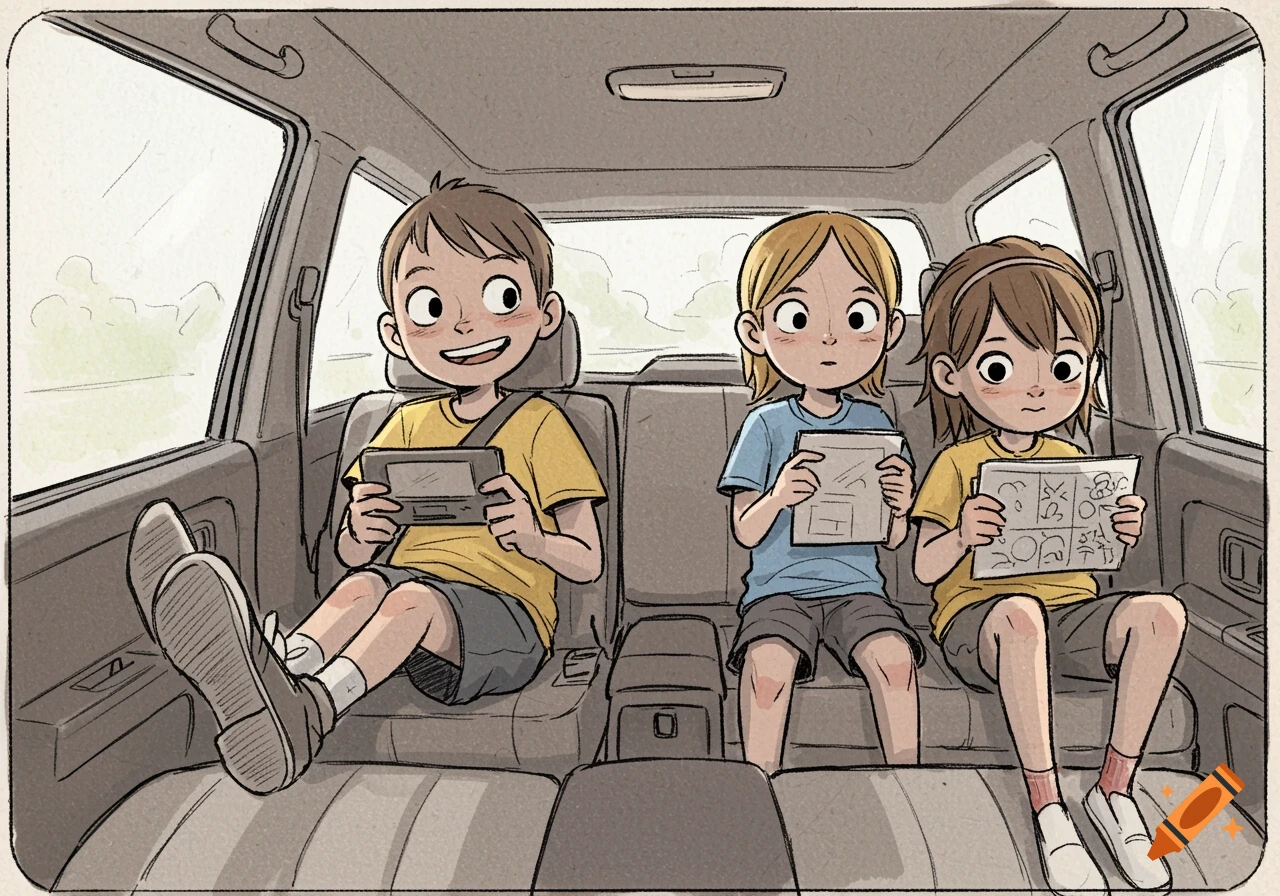 Cartoon sketch of three kids in a car. One plays a handheld game, two look at drawings.