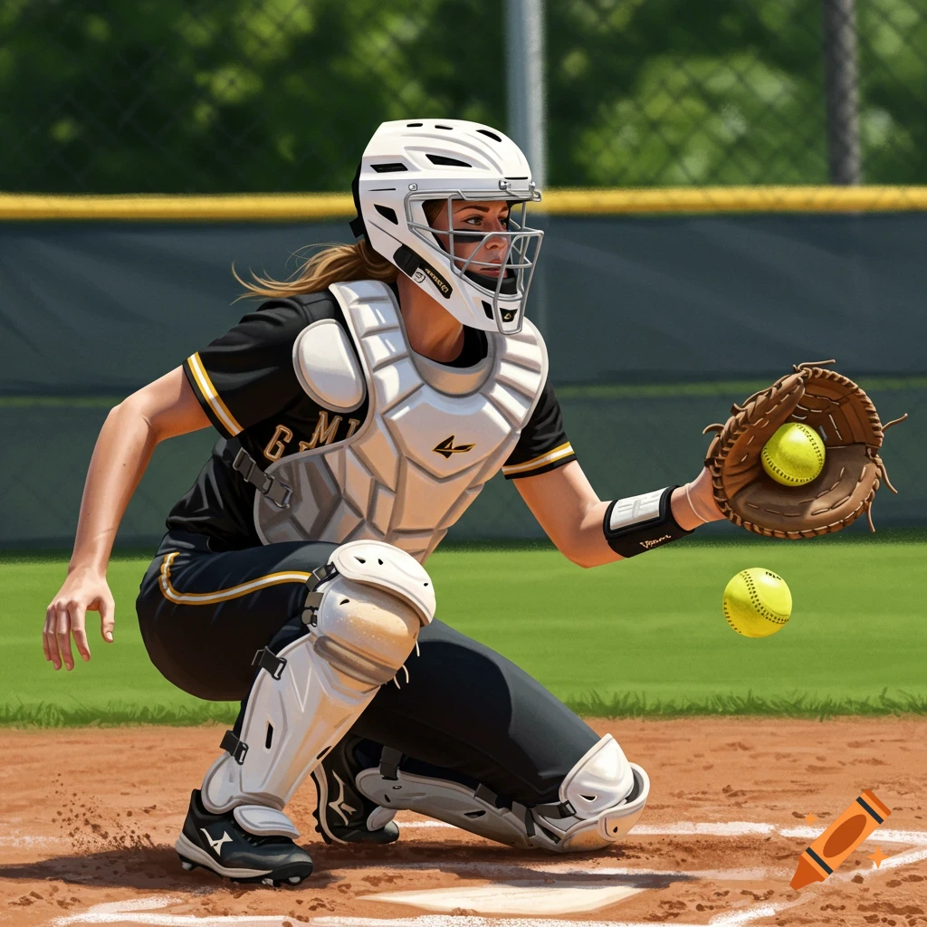 A softball catcher in uniform crouches on a field with a mitt, catching a ball.