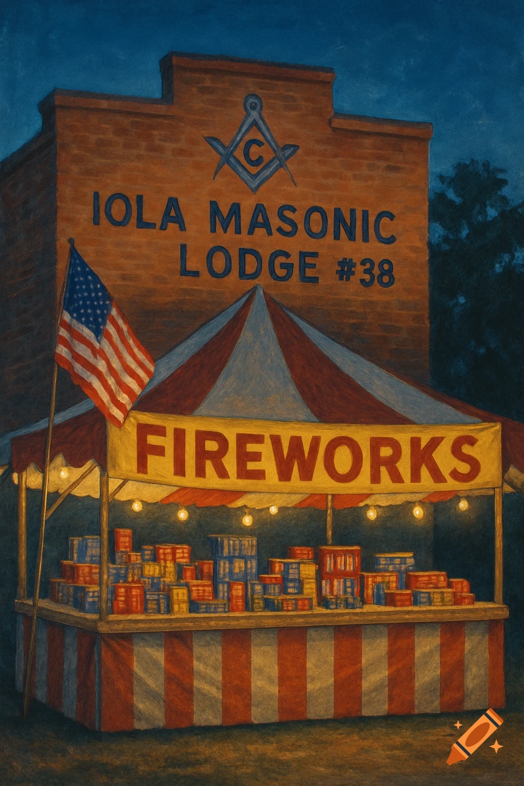 Illustration of a fireworks stand and American flag in front of a brick lodge building at night.