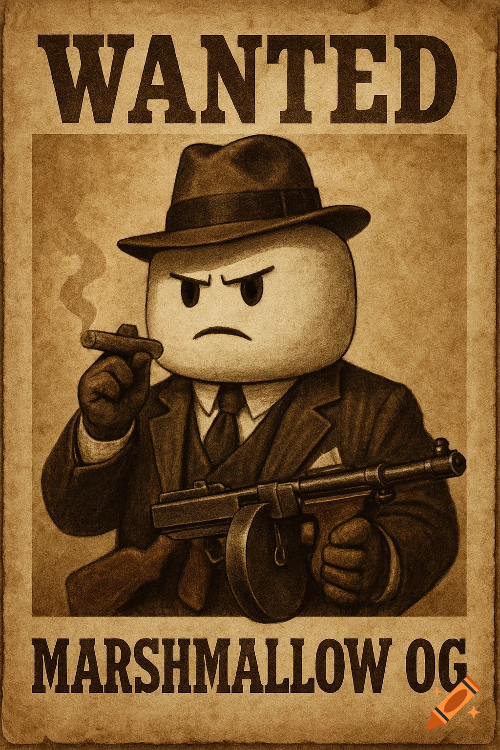 A marshmallow cartoon character dressed as a gangster holds a gun and cigar on a sepia-toned wanted poster.
