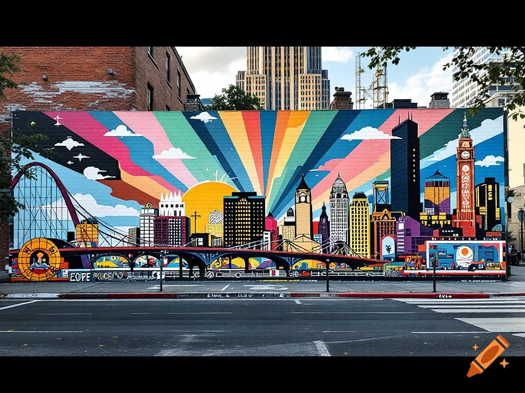 Colorful mural of a city skyline with bridge, buildings, and a Ferris wheel painted on a brick wall.