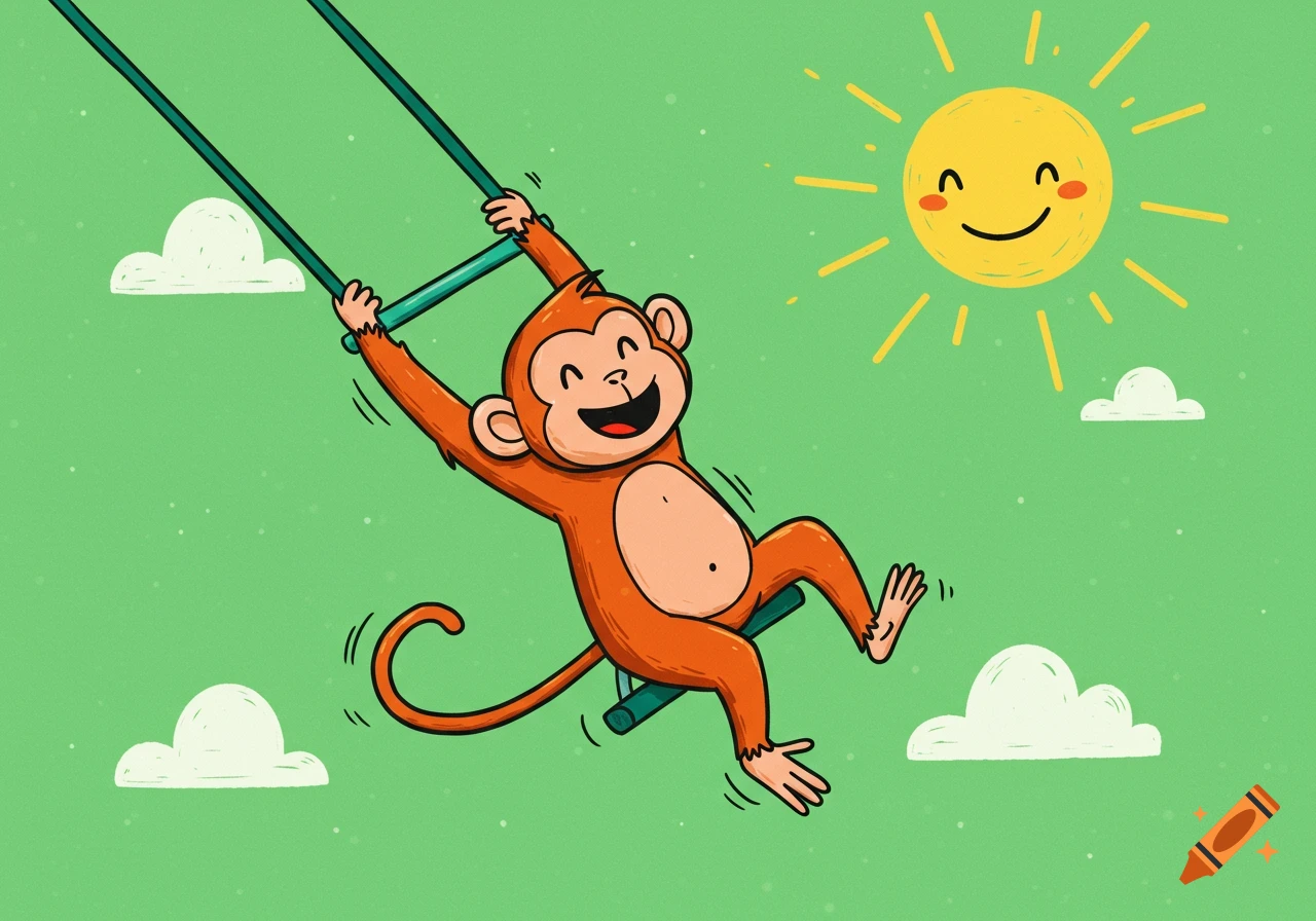 A cartoon monkey swings on green monkey bars under a smiling sun and clouds.