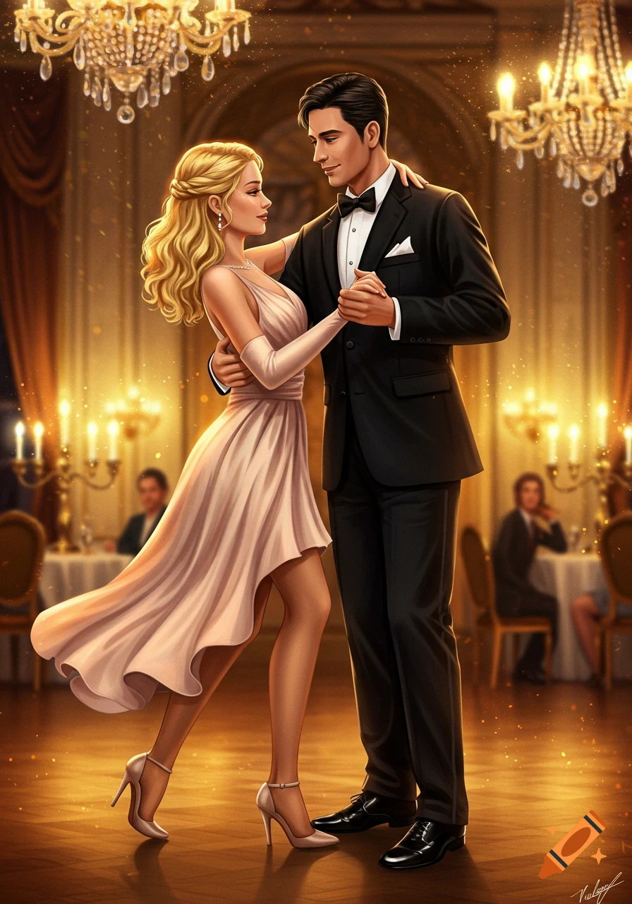 An illustration of a couple dancing in a ballroom.