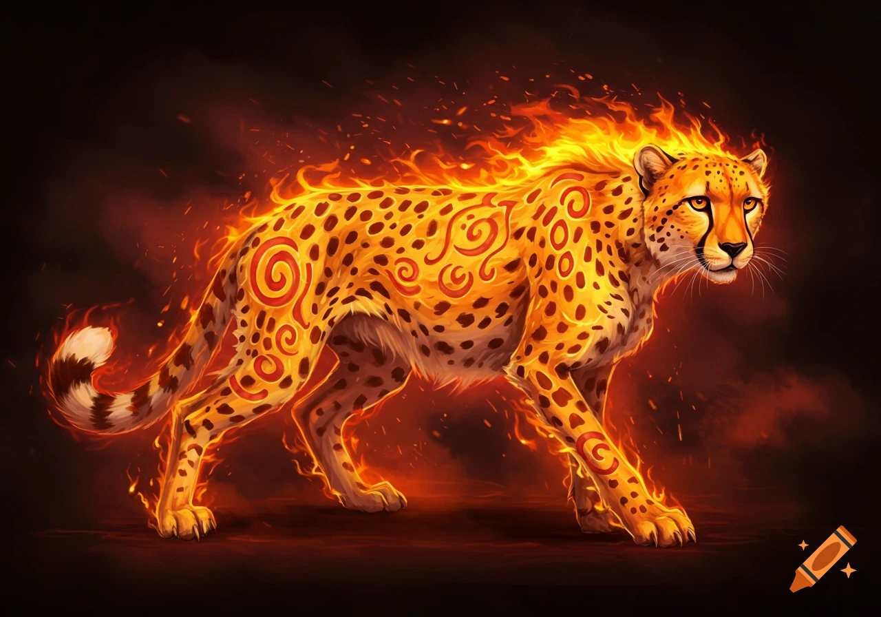 An illustrated cheetah creature with fire and glowing symbols on its fur.