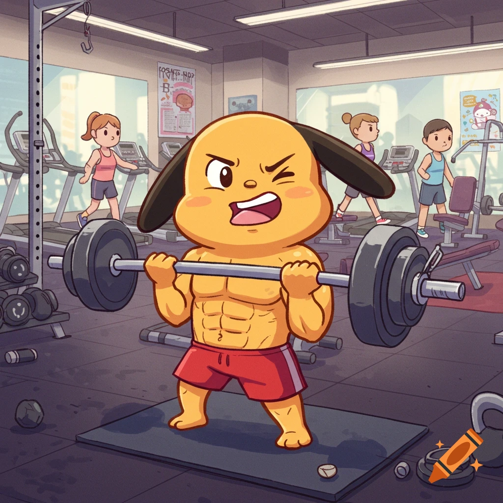 Cartoon dog with muscles lifting weights in a gym.