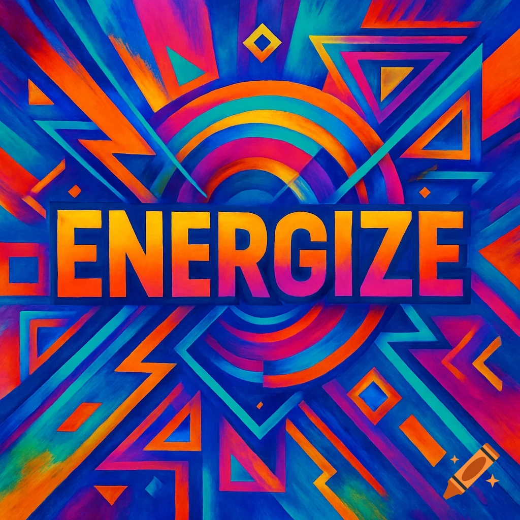 Abstract geometric design in bright, vibrant colors with the word ENERGIZE.