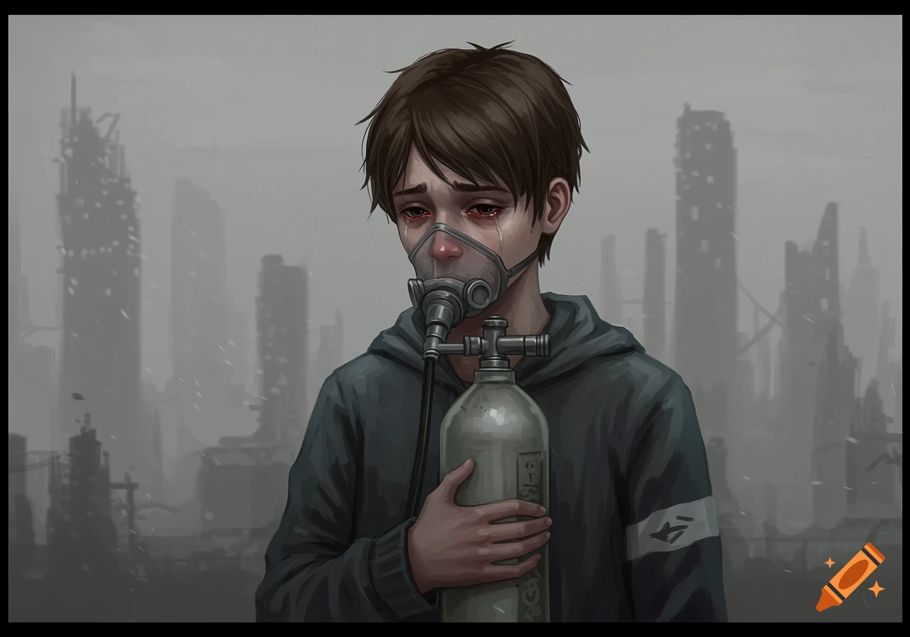 Sad boy wearing an oxygen mask and holding a tank in a ruined, grey dystopian city.