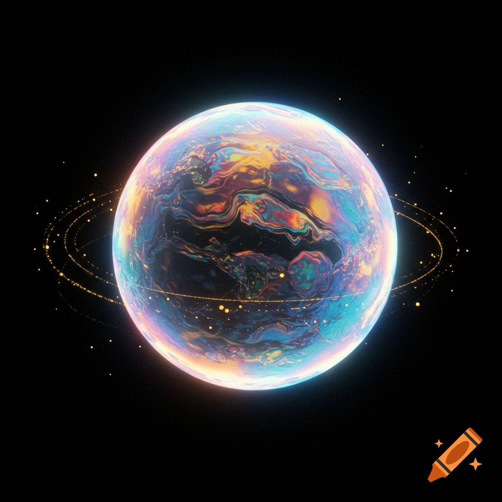 A colorful, iridescent planet with luminous rings against a black background