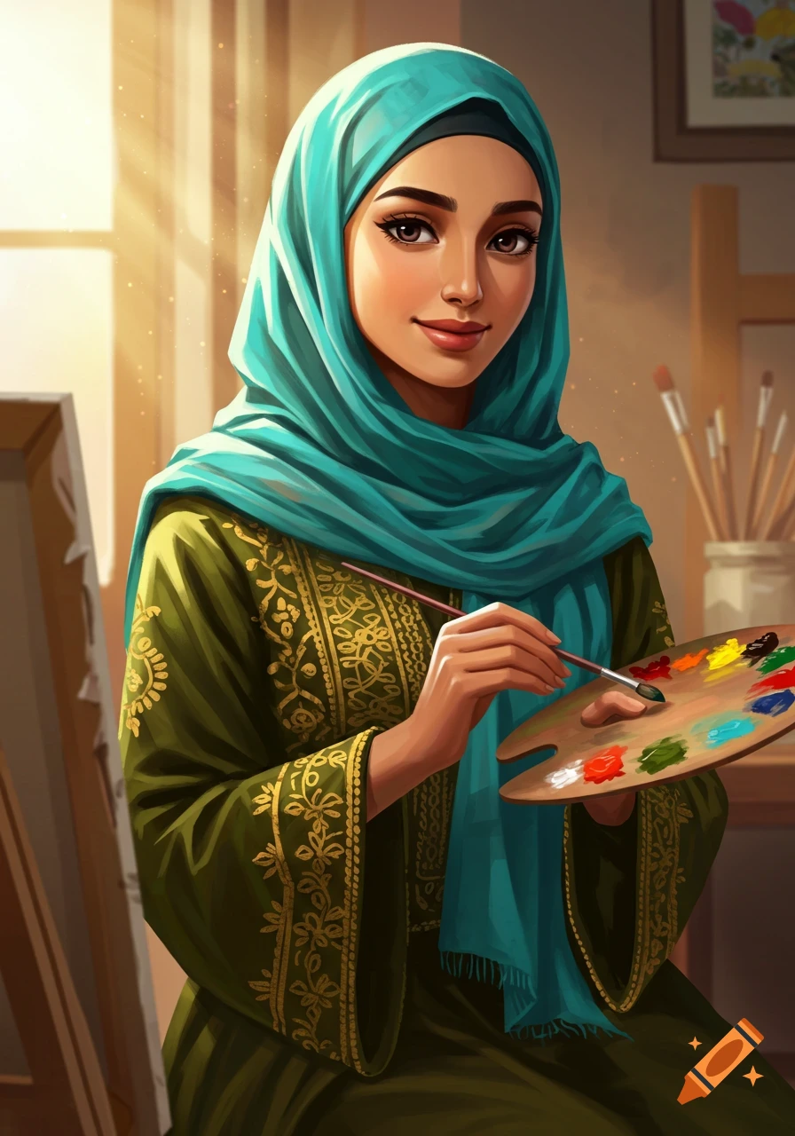 A stylized portrait of a woman wearing a hijab and green dress, holding a paint palette and brush.