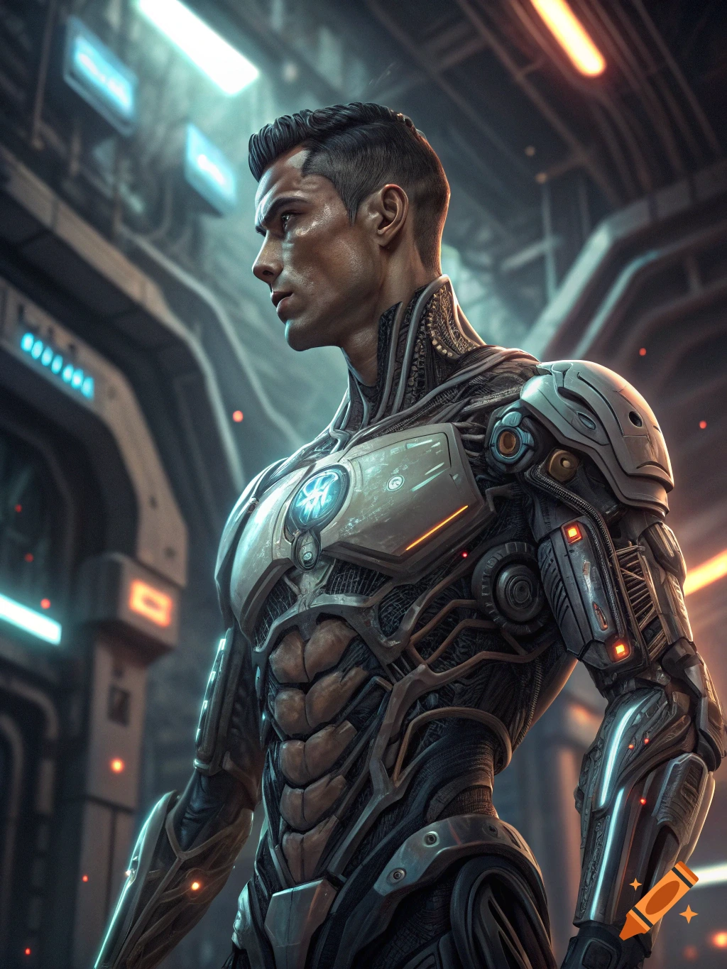 Cristiano Ronaldo in a detailed futuristic cyborg suit in a sci-fi setting.
