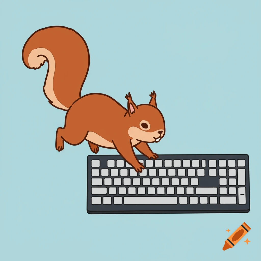 Cartoon squirrel running on a computer keyboard.