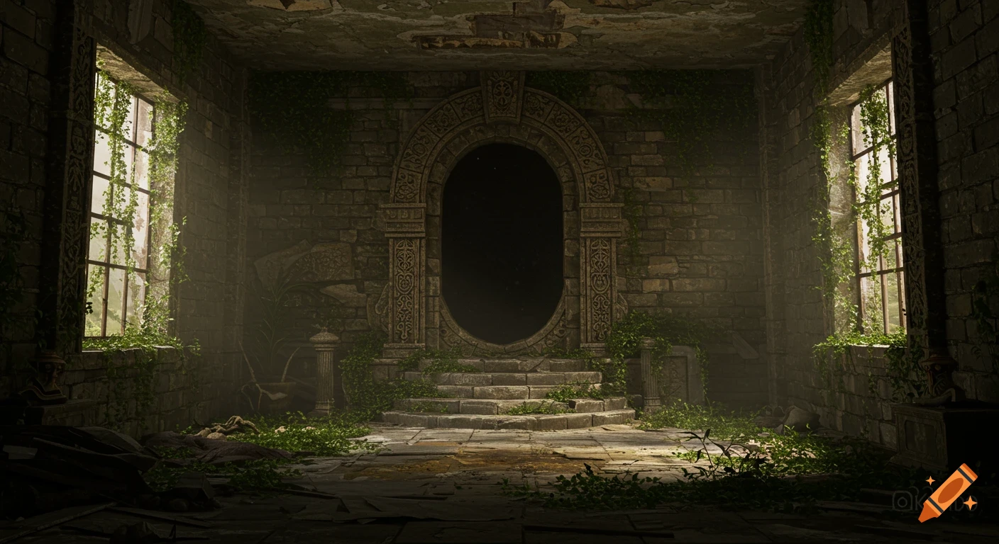 A dimly lit, overgrown stone room with a large oval portal in a stone archway between two windows.