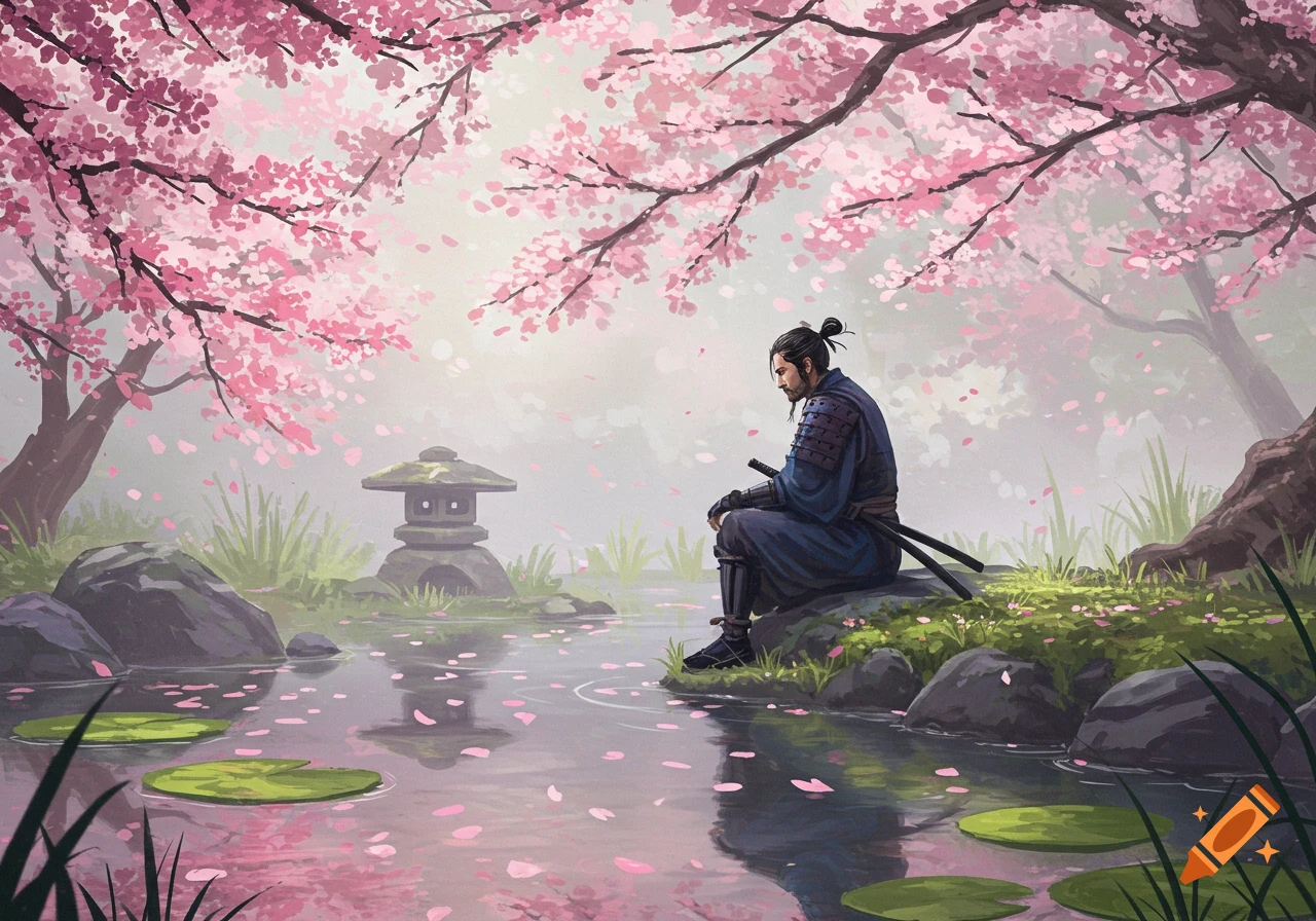 An illustration of a samurai sitting on a rock by a pond, surrounded by pink cherry blossoms and a garden lantern.