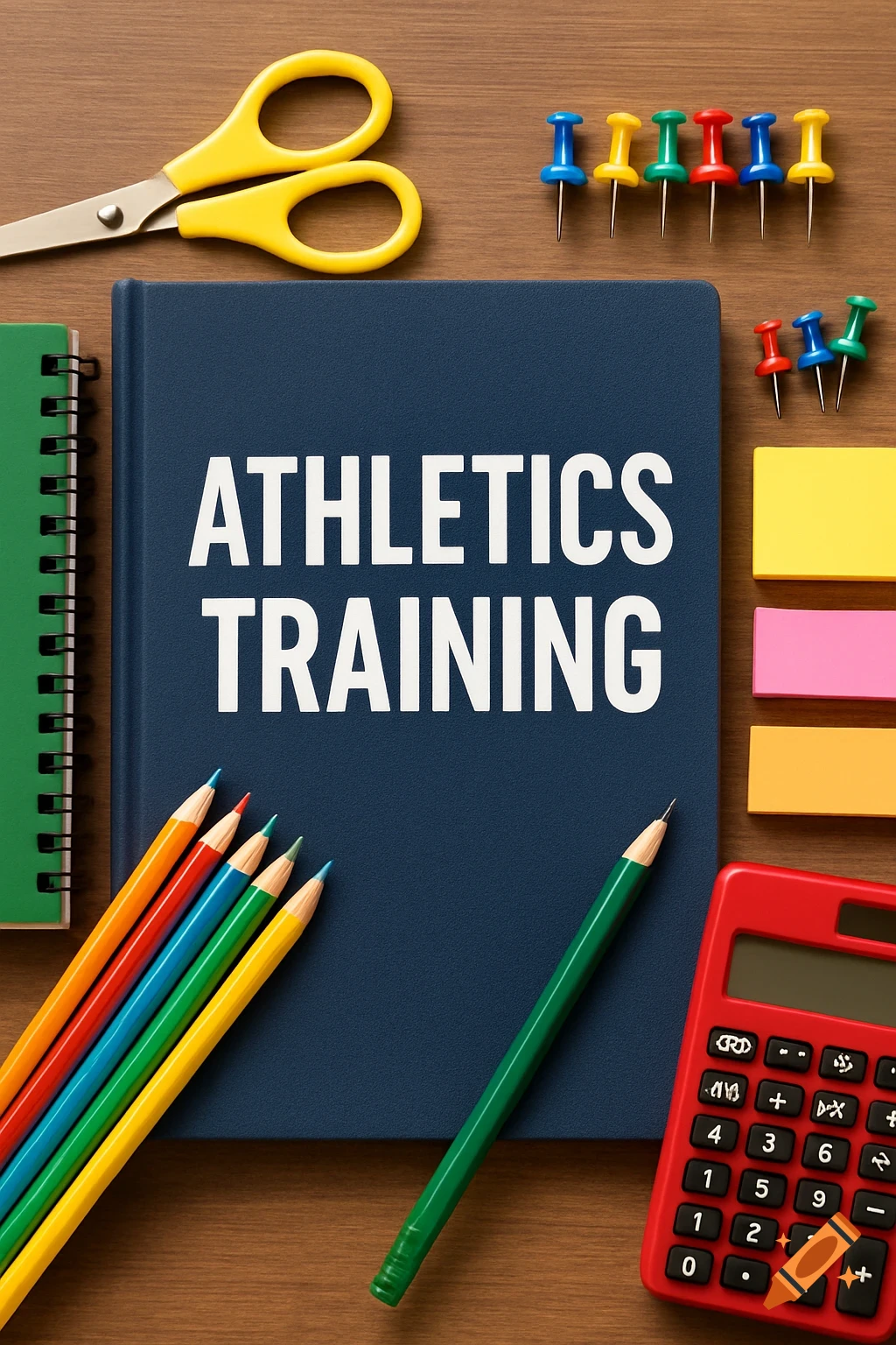 Overhead view of school supplies on a wooden desk, including an 'ATHLETICS TRAINING' textbook, scissors, pushpins, pencils, sticky notes, and calculator.