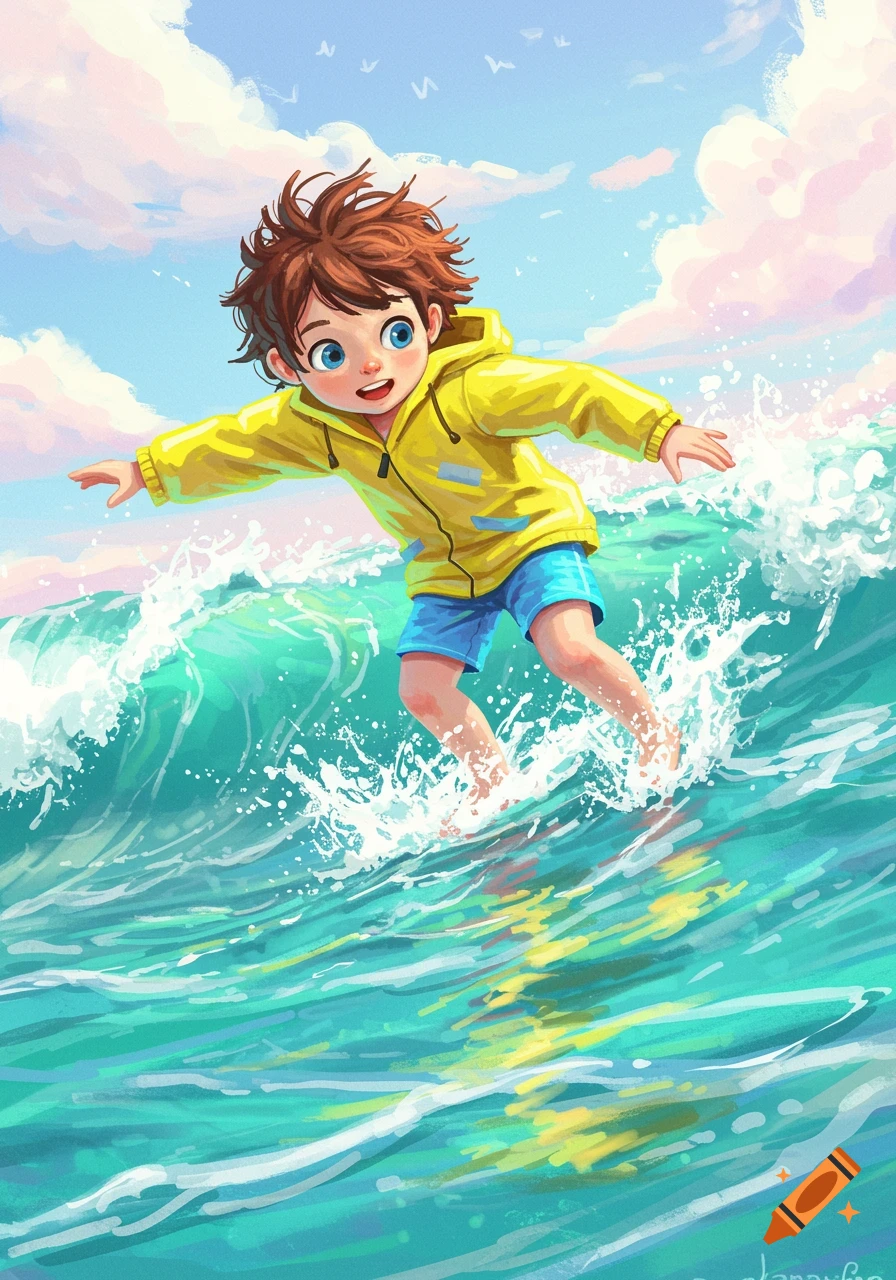 A cartoon boy in a yellow jacket surfs on a large ocean wave.