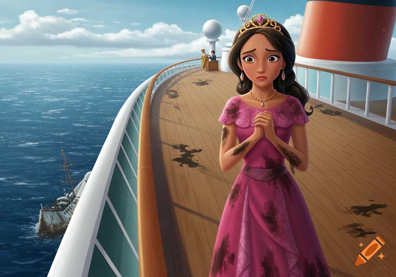 Cartoon princess covered in dirt stands distressed on a ship deck with a shipwreck in the background.