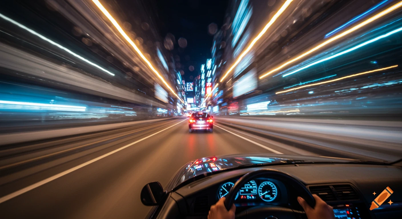 Point of view shot from inside a car driving at night in a city with light trails blurring past