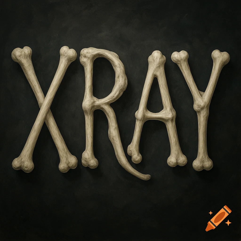 The word XRAY spelled out with bones on a dark background.
