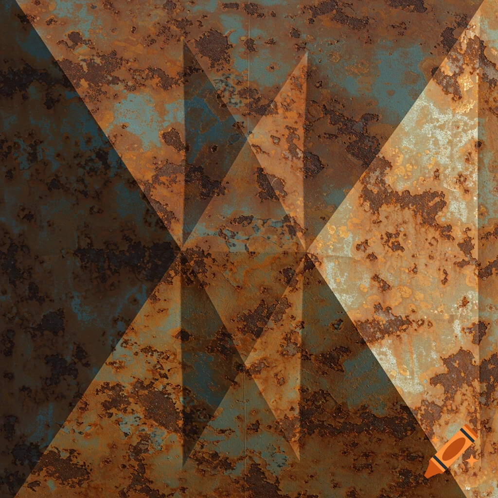 A rusted, painted metal texture with a triangular geometric pattern.