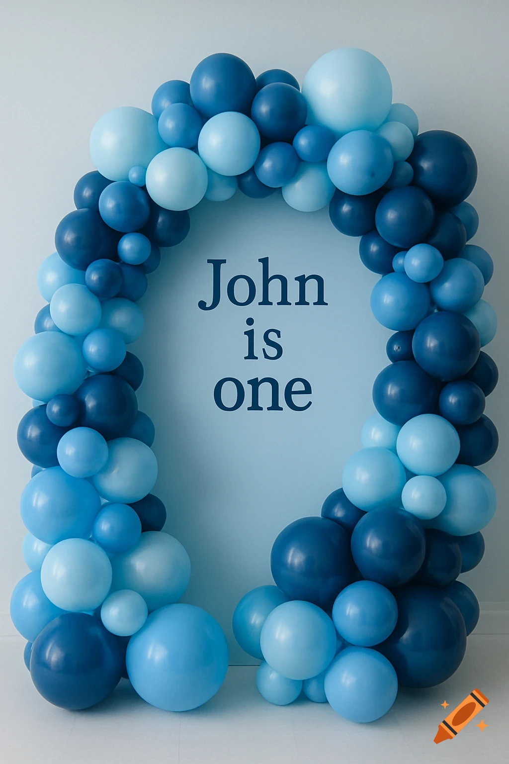 Blue balloon arch with the text "John is one" on a light blue backdrop.