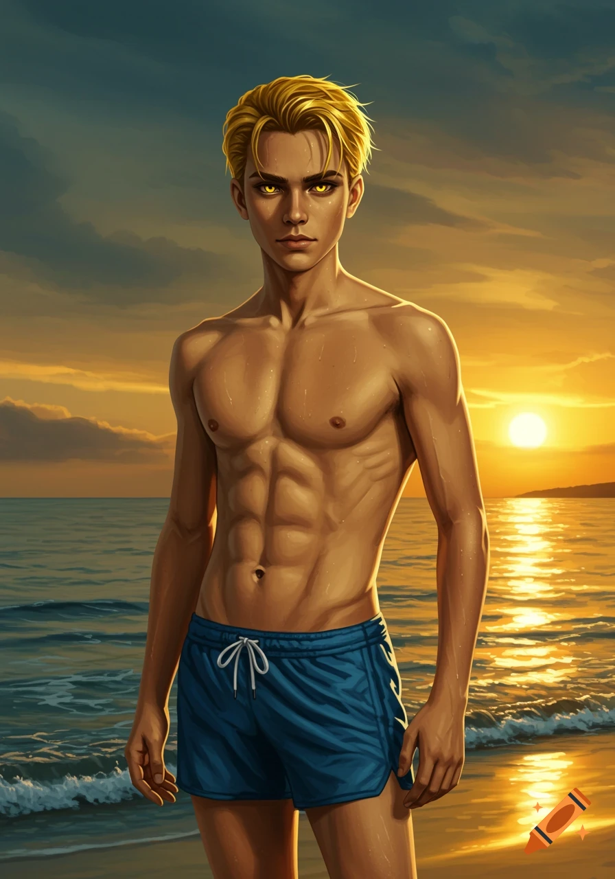 Realistic digital art of a shirtless male with golden hair and eyes standing on a beach at sunset