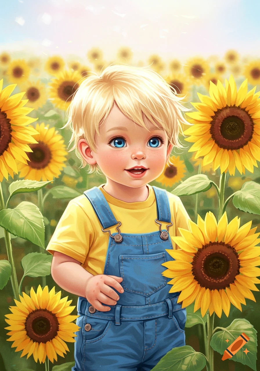 Illustration of a blonde, blue-eyed toddler in blue overalls and a yellow shirt standing in a field of sunflowers.