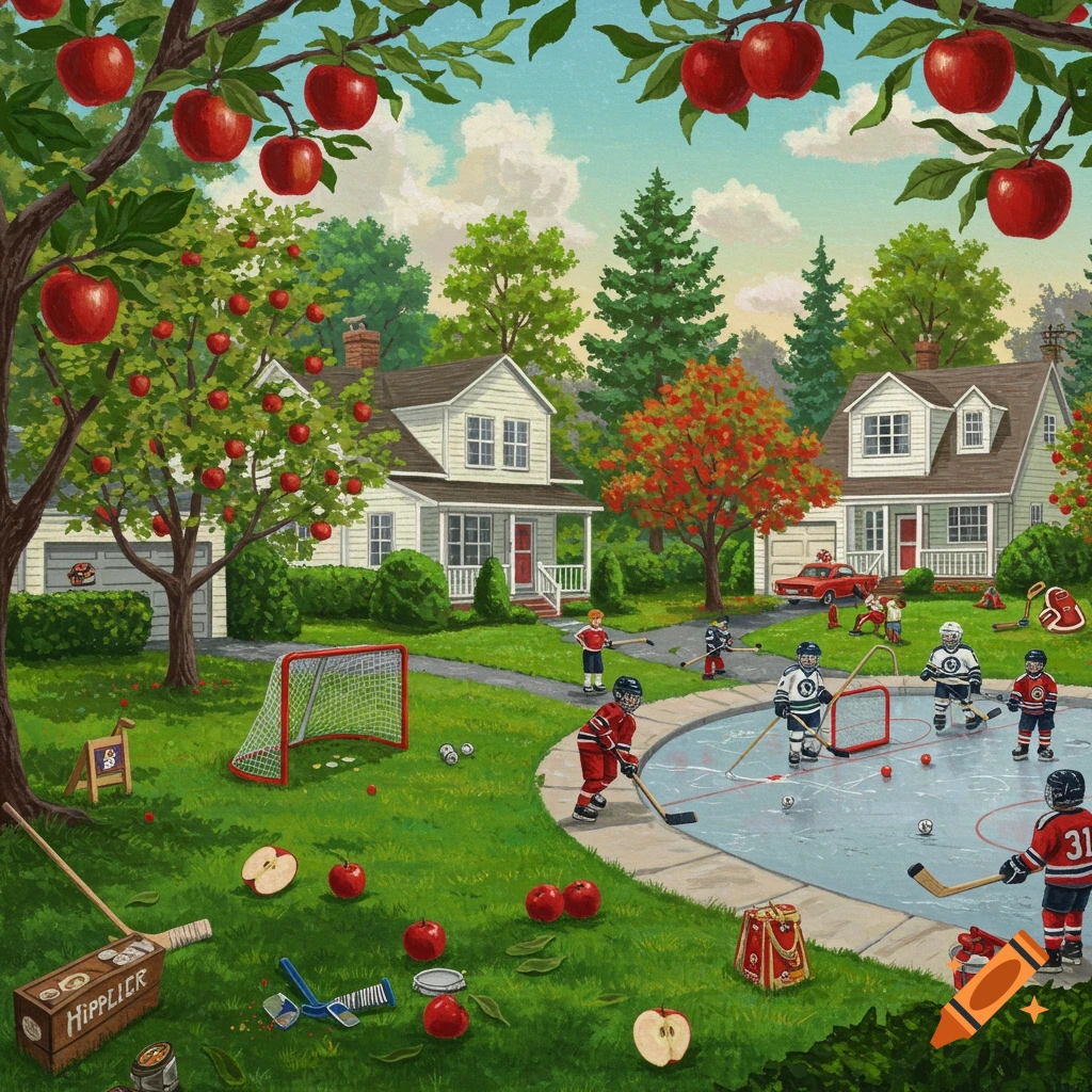 Painting of kids playing hockey on an icy patch in a suburban yard with apple trees