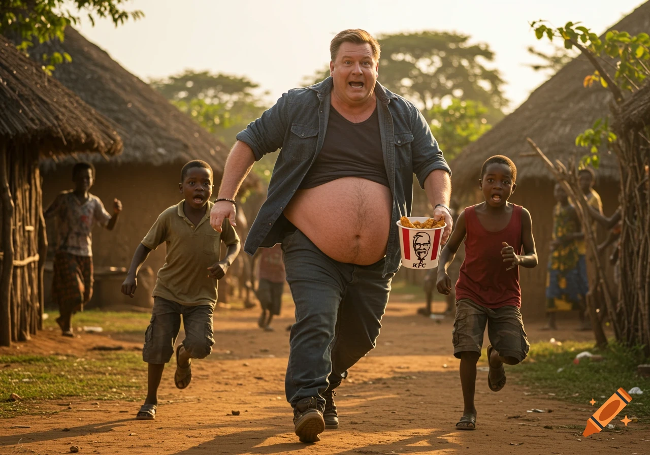 An obese man holding a KFC bucket runs, chased by two boys through an African village. Photorealistic style.