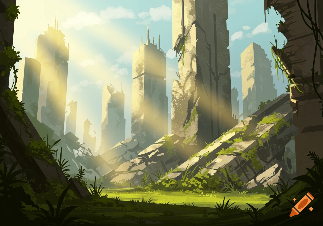 Sunlight streams through ruined city buildings overgrown with lush green plants.