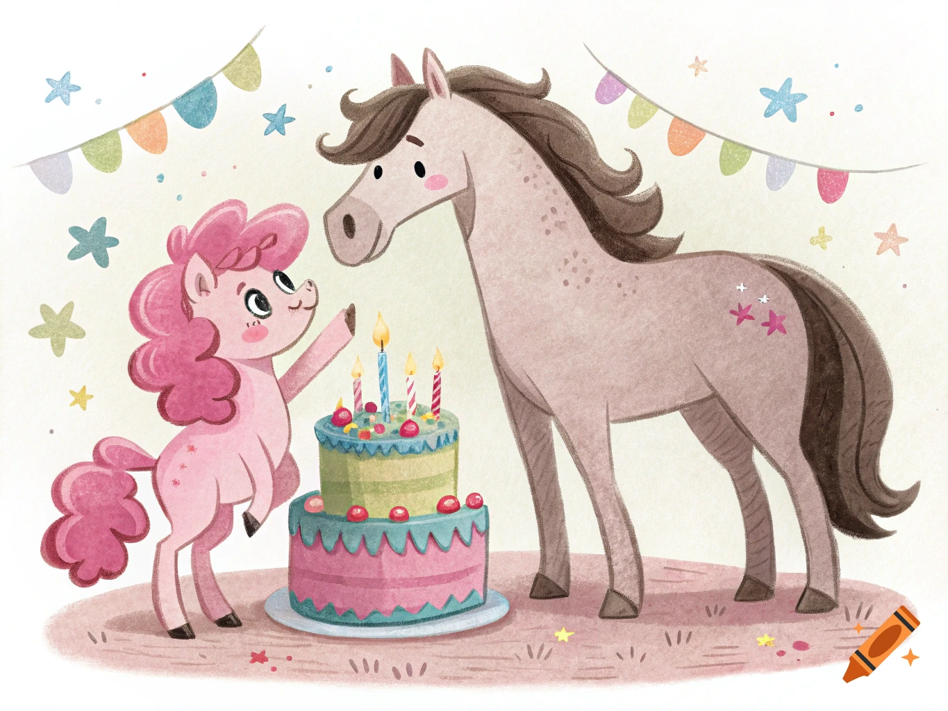 Cartoon ponies celebrate with a birthday cake and candles, illustration style