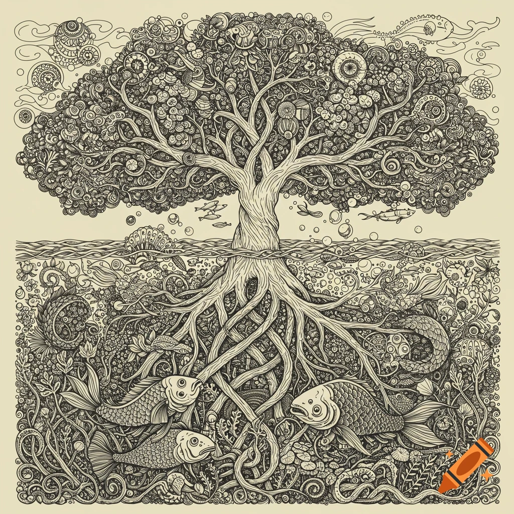 Detailed ink illustration of a tree with roots in water among fish and aquatic life.