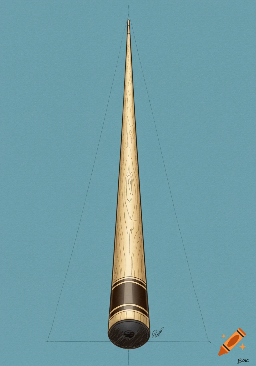 A billiard cue stick shown from a 1-point perspective against a blue background.