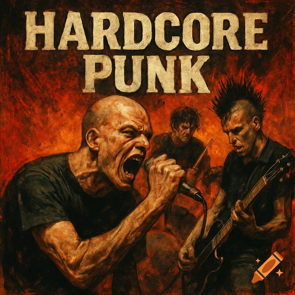 A gritty painting of a hardcore punk band performing beneath the words HARDCORE PUNK.